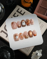 Ghost Portrait handmade press-on nails in extra short coffin shape by Joyee Nails
