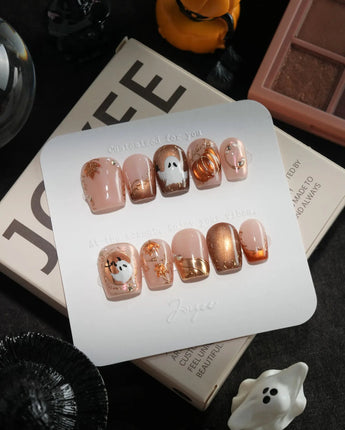 Ghost Portrait handmade press-on nails in extra short coffin shape by Joyee Nails