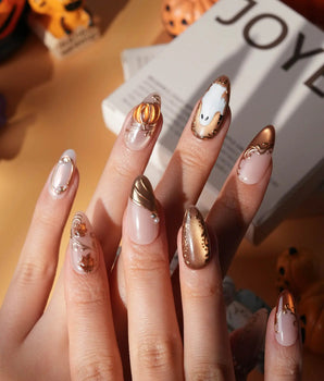 Ghost Portrait press on nails with ghosts in raised gold frames, gold filigree, pearls and a 3D copper pumpkin on copper cat eye - image 2