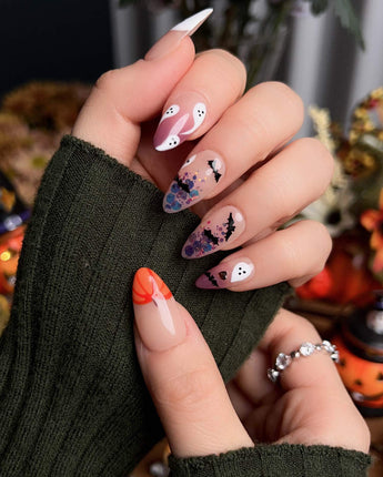 Ghostlight nail art close-up showing Playful Halloween, Pumpkin & Ghost Glitters. details