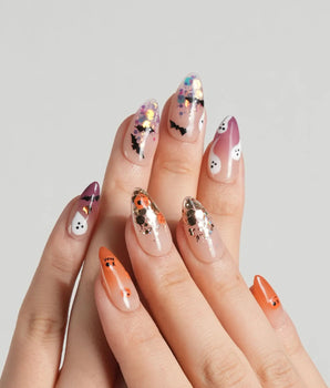 Ghostlight press-on nail set — Playful Halloween, Pumpkin & Ghost Glitters. design, hand-painted with real gel polish