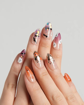 Ghostlight press-on nail set — Playful Halloween, Pumpkin & Ghost Glitters. design, hand-painted with real gel polish