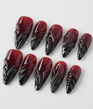 Ghoul Glam press-on nail set — Dark Red & Black, 3D Liquid Flow. design, hand-painted with real gel polish