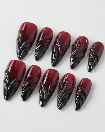 Ghoul Glam press-on nail set — Dark Red & Black, 3D Liquid Flow. design, hand-painted with real gel polish