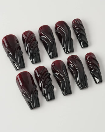 Ghoul Glam press-on nails in long coffin shape — Dark Red & Black, 3D Liquid Flow.