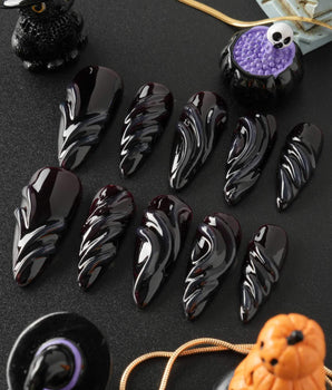 Ghoul Glam handmade press-on nails featuring Dark Red & Black, 3D Liquid Flow.