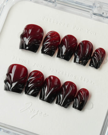 Ghoul Glam press-on nails in short coffin shape — Dark Red & Black, 3D Liquid Flow.
