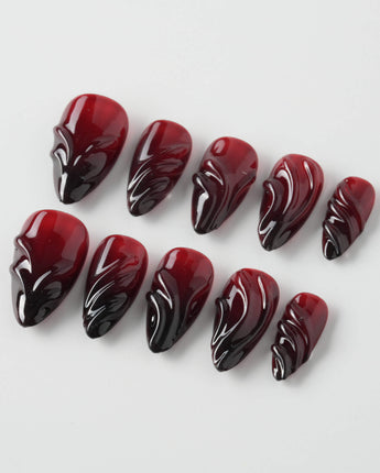 Ghoul Glam nail art close-up showing Dark Red & Black, 3D Liquid Flow. details
