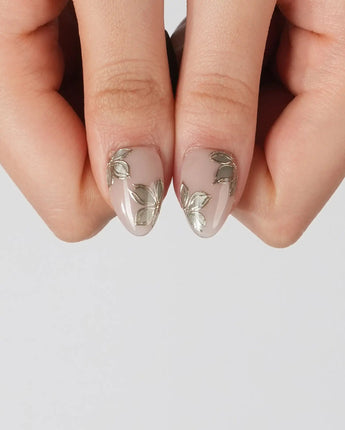 Gilded Ivy press-on nails in short almond shape — Elegant Morandi Green, Metallic Relief Florals & Cat-eye Accents.