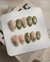 Gilded Ivy nail art close-up showing Elegant Morandi Green, Metallic Relief Florals & Cat-eye Accents. details
