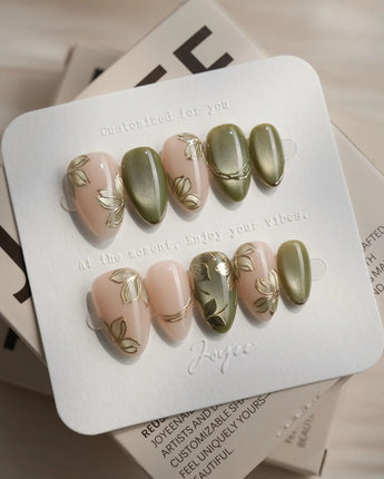 Gilded Ivy nail art close-up showing Elegant Morandi Green, Metallic Relief Florals & Cat-eye Accents. details