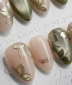 Gilded Ivy handmade press-on nails featuring Elegant Morandi Green, Metallic Relief Florals & Cat-eye Accents.