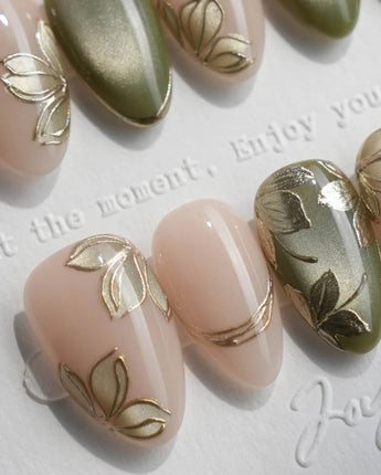 Gilded Ivy handmade press-on nails featuring Elegant Morandi Green, Metallic Relief Florals & Cat-eye Accents.