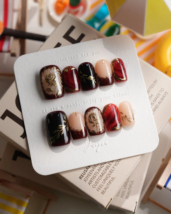 Gilded Merlot short square press-on nails with deep red and burgundy fall nail art