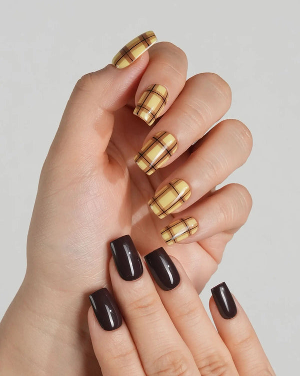 Yellow plaid press-on nails with chocolate brown accent