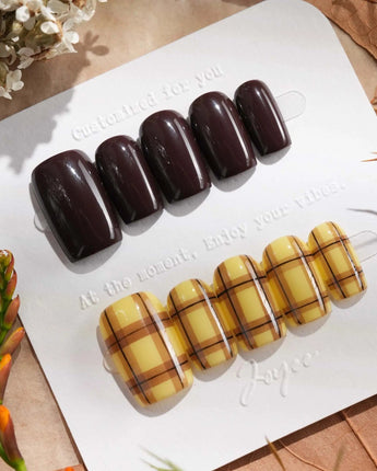 Ginger Plaid press-ons with glossy chocolate nails and warm yellow plaid fall accents