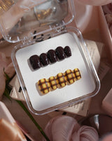Ginger Plaid in extra short coffin shape with chocolate polish and yellow plaid accents