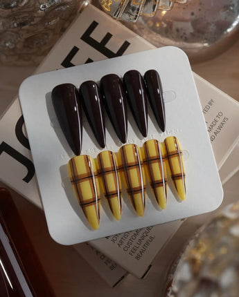 Ginger Plaid in long stiletto shape with dark brown color and lemon plaid nail art