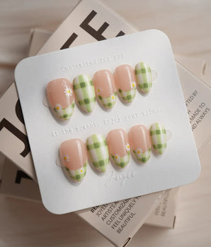Gingham Meadow press-on nails — Fresh Avocado Green Gingham,