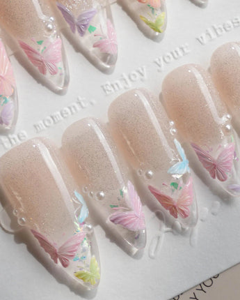 Glass Wing nail art close-up showing Cat-eye & Fluttering Butterflies details