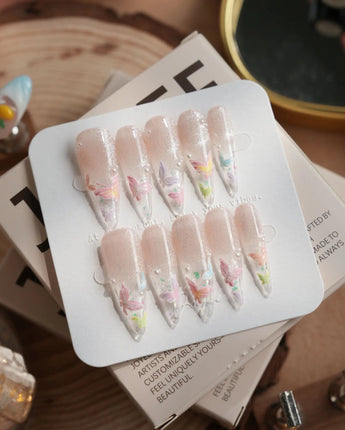 Glass Wing press-on nails in long stiletto shape — Cat-eye & Fluttering Butterflies