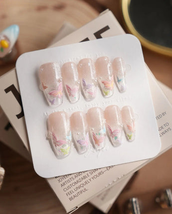 Glass Wing press-on nails in medium coffin shape — Cat-eye & Fluttering Butterflies