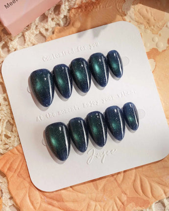 Glint Aurora press-on nails — deep teal cat eye shimmer handmade nail art by Joyee Nails