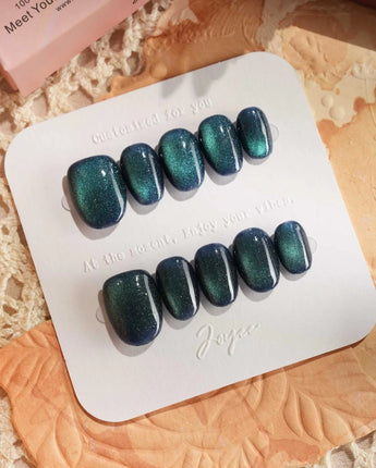 Glint Aurora press-on nails — deep teal cat eye shimmer handmade nail art by Joyee Nails