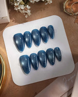 Glint Midnight press-on nails — deep teal cat eye shimmer handmade nail art by Joyee Nails