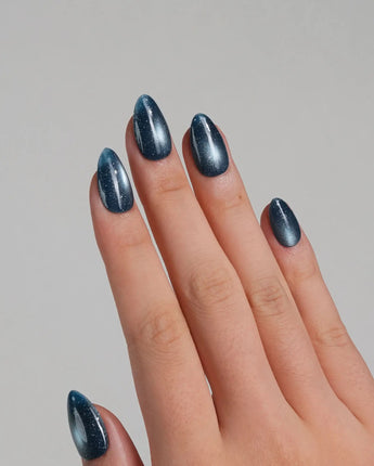 Glint Midnight press-on nails — deep teal cat eye shimmer handmade nail art by Joyee Nails