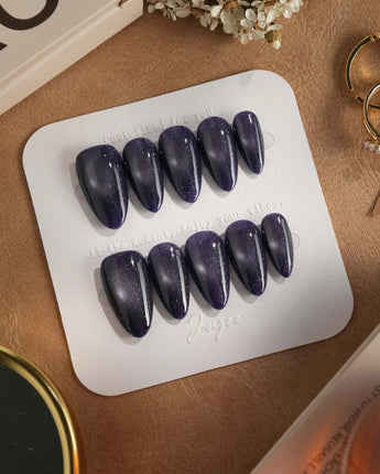 Glint Obsidian press-on nails — deep indigo cat eye shimmer handmade nail art by Joyee Nails