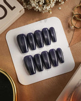 Glint Obsidian press-on nails — deep indigo cat eye shimmer handmade nail art by Joyee Nails