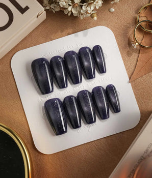 Glint Obsidian press-on nails — deep indigo cat eye shimmer handmade nail art by Joyee Nails