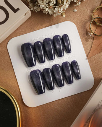 Glint Obsidian press-on nails — deep indigo cat eye shimmer handmade nail art by Joyee Nails