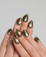 Glint Olive handmade press-on nails featuring olive green cat eye shimmer