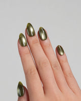 Glint Olive press-on nail set — olive green cat eye shimmer design, hand-painted with real gel polish