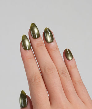 Glint Olive press-on nail set — olive green cat eye shimmer design, hand-painted with real gel polish