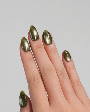 Glint Olive press-on nail set — olive green cat eye shimmer design, hand-painted with real gel polish