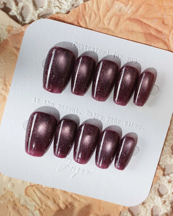 Glint Plum press-on nails — deep plum cat eye shimmer handmade nail art by Joyee Nails