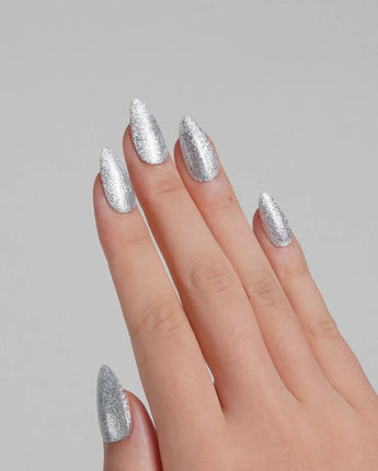 Glitter Frost nail art close-up showing silver glitter details