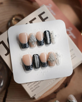 Glitter Gala nails in short coffin — Black & Gray with