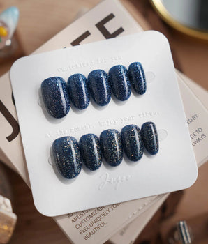 Glitter Glitz Navy press-on nail set — deep blue cat eye glitter nails design, hand-painted with real gel polish