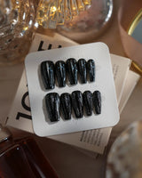 Glitter Logic·Black nails in medium coffin — Obsidian Black & Aurora