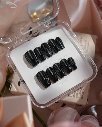 Glitter Logic·Black nails in short coffin — Obsidian Black & Aurora