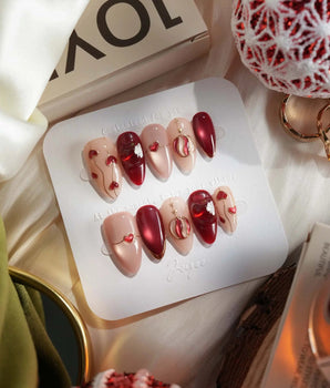 Sweet Bite press-on nails — Deep Red & Nude