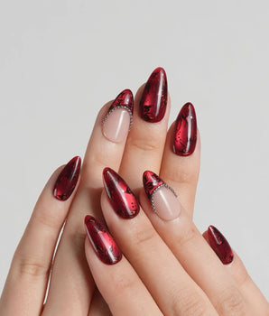 Brocade press-on nails with baroque red texture, rose prints and silver bead chain details