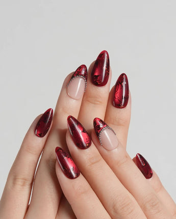Brocade press-on nails with baroque red texture, rose prints and silver bead chain details