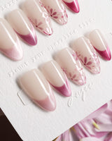 Glow Garden press-on nails — Magenta Cat Eye, French Tips & Hand-painted Florals. handmade nail art by Joyee Nails
