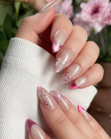 Glow Garden press-on nails — Magenta Cat Eye, French Tips & Hand-painted Florals. handmade nail art by Joyee Nails