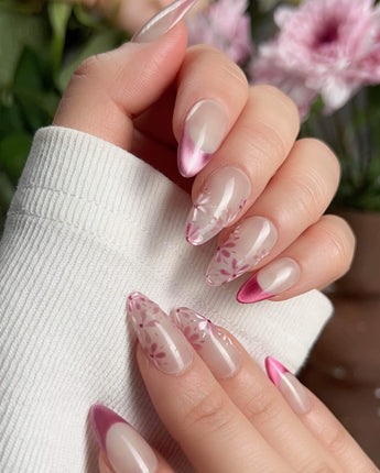 Glow Garden press-on nails — Magenta Cat Eye, French Tips & Hand-painted Florals. handmade nail art by Joyee Nails
